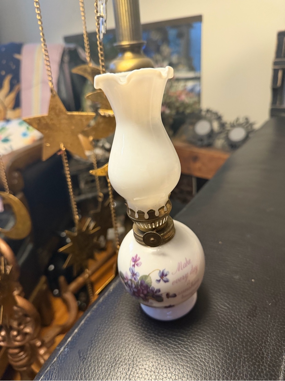 Vintage genuine porcelain & milk glass hand painted lilacs mini oil lamp